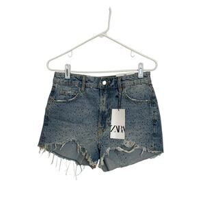 ZARA Womens Denim Cut Off Shorts Blue Embellished Distressed US 4 EUR 36 NWT